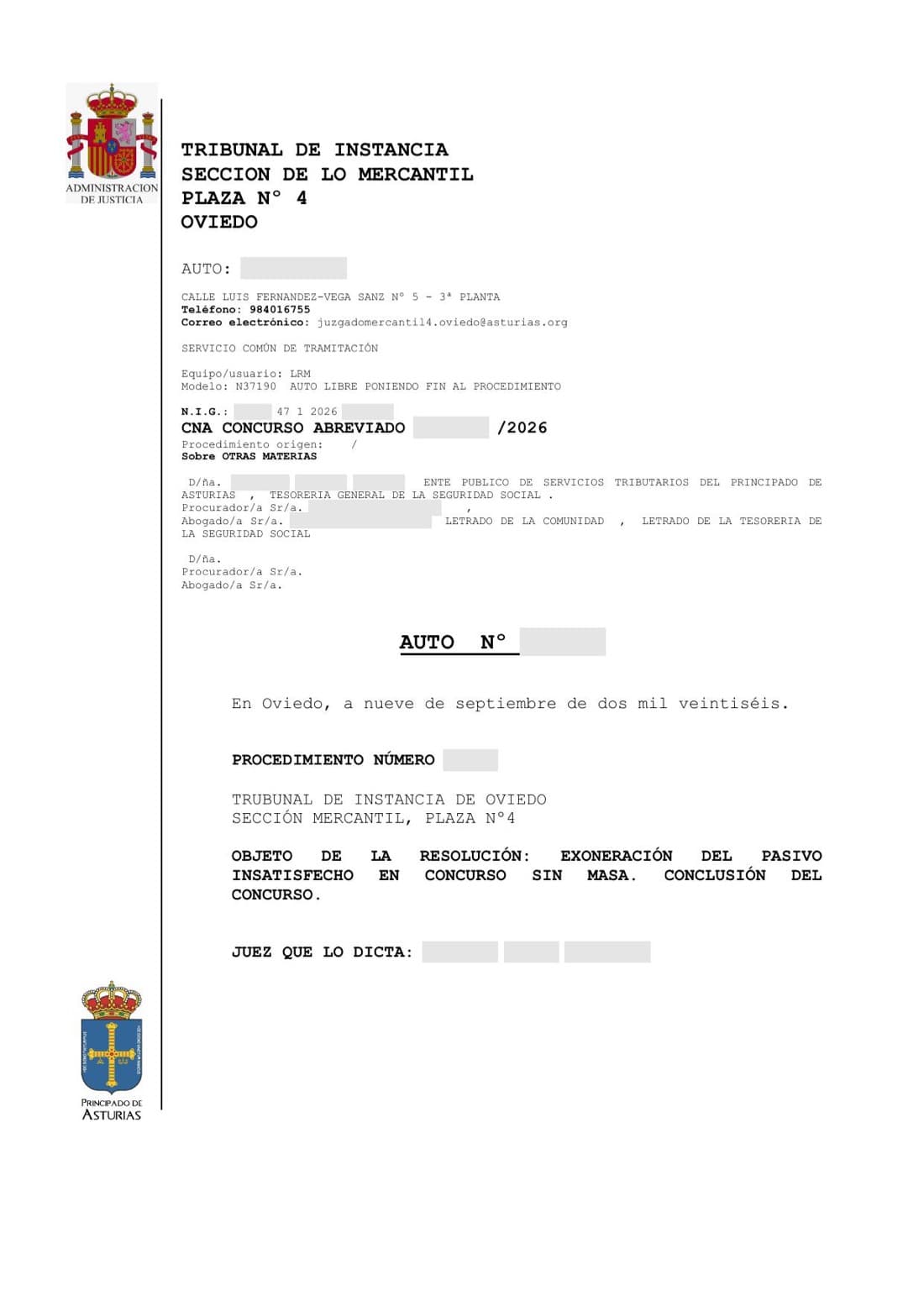 Primera página del auto de la Ley de Segunda Oportunidad en Oviedo