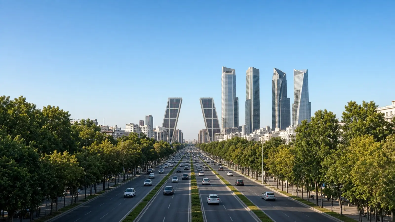Paseo de la Castellana en Madrid, con la Puerta de Europa y las Cuatro Torres
