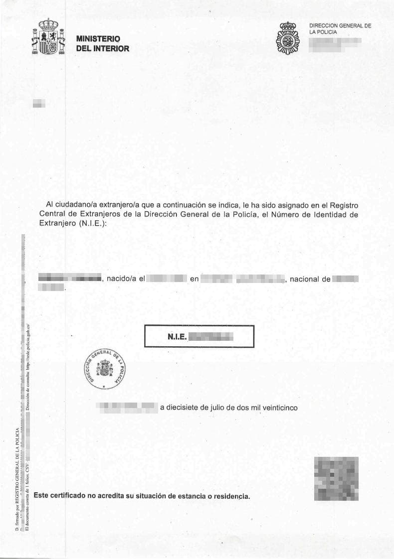 Ejemplo de certificado con el número NIE