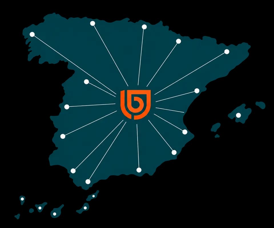 Mapa de España con el símbolo de Buenaley y cobertura en la península, Baleares y Canarias